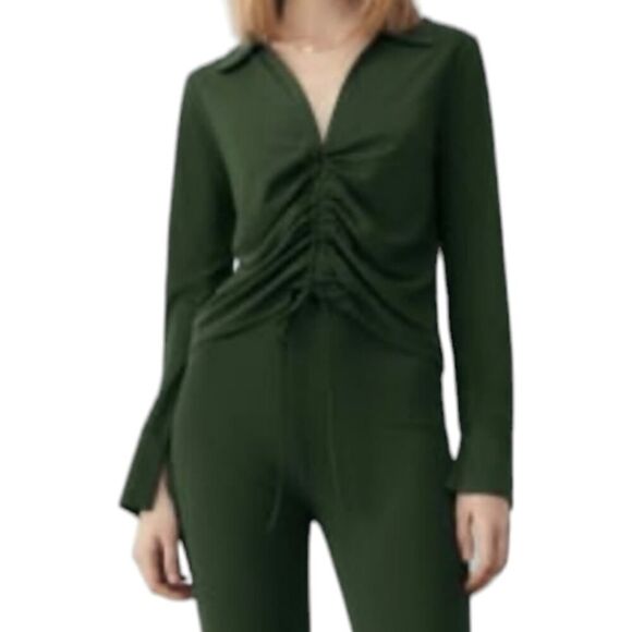 Zara Long Sleeves Gathered Blouse with Ties In Front bottom Black Size Medium - Picture 1 of 6